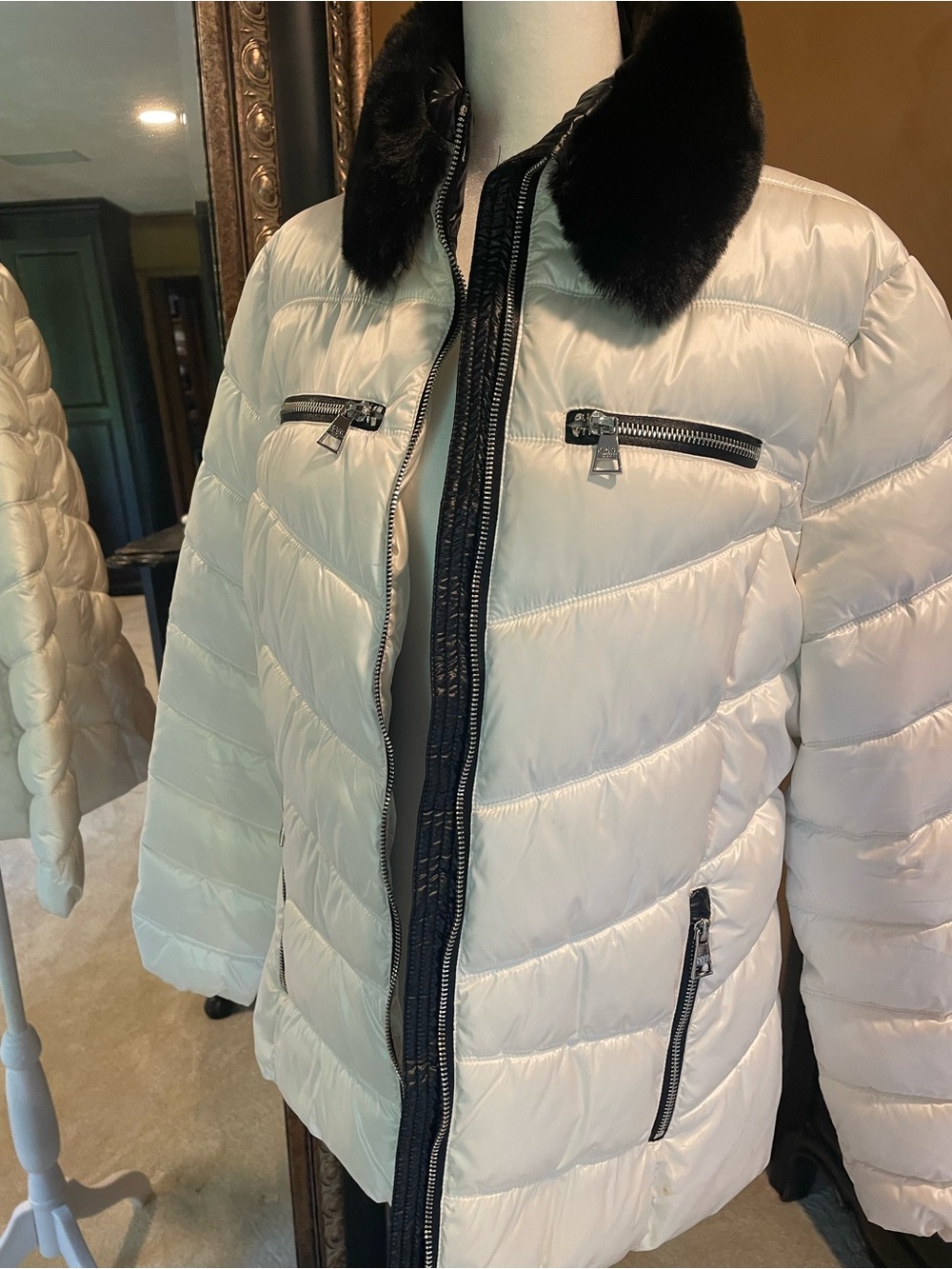 Karl Lagerfeld Cream Puffer Jacket with Black Trim